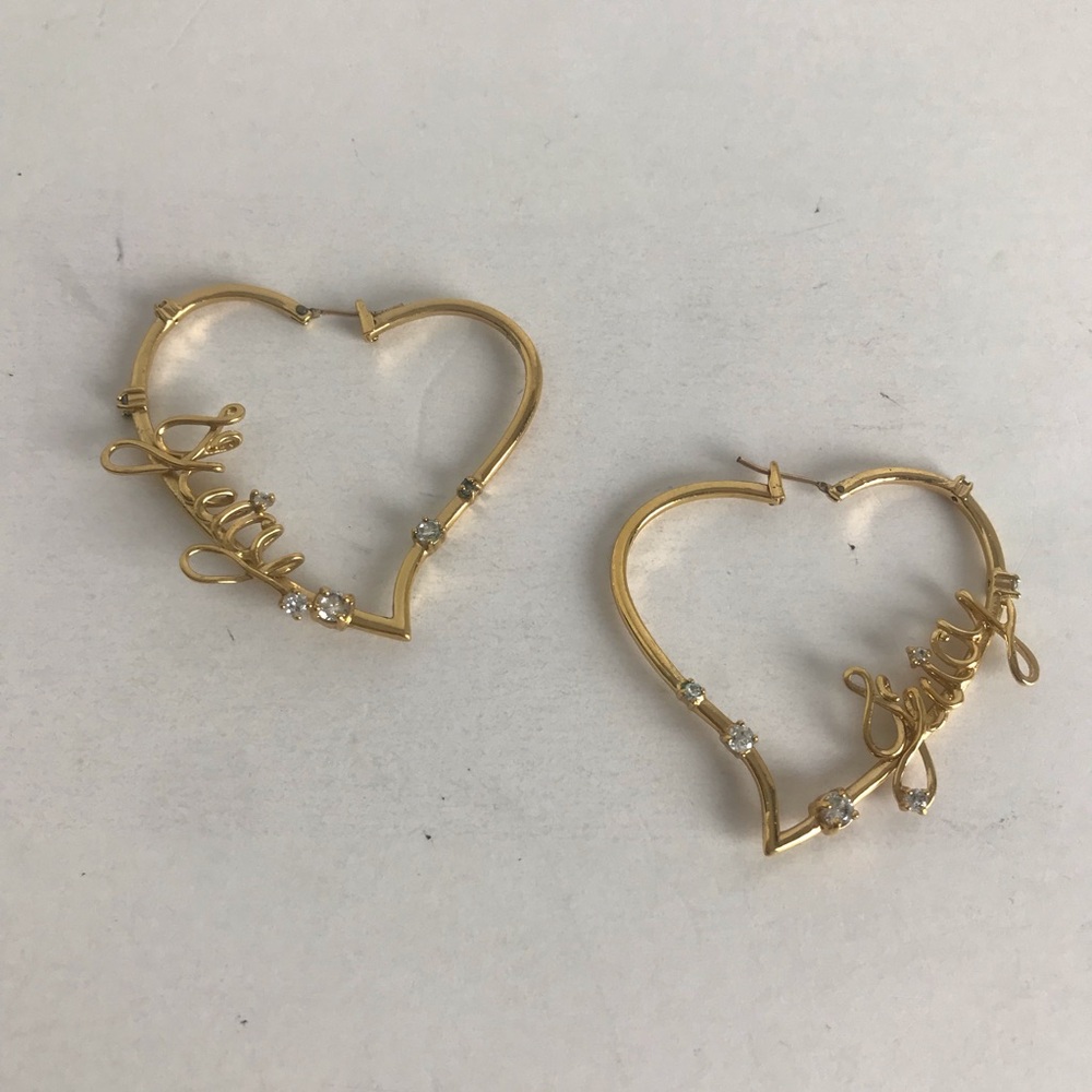 Juicy Couture Y2K Gold Tone Heart Shape Rhinestone Hoop Earrings Bling Coquette